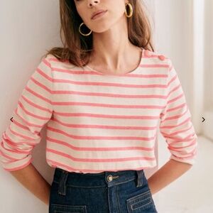 Sezane Colette Mariniere T shirt Sz XS in ecru fluorescent rose